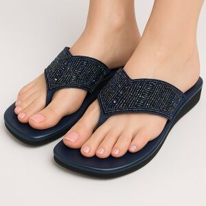 Veesha Beaded Navy Slide Sandals – Size 7.5